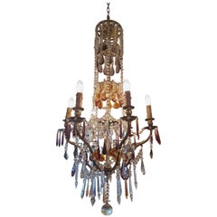 Vintage French Chandelier Made of Brass and Decorated with Colored Crystals