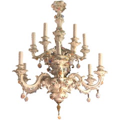 20th Century Italian 12 Lights Porcelain Chandelier with Flowers and Gold Detail