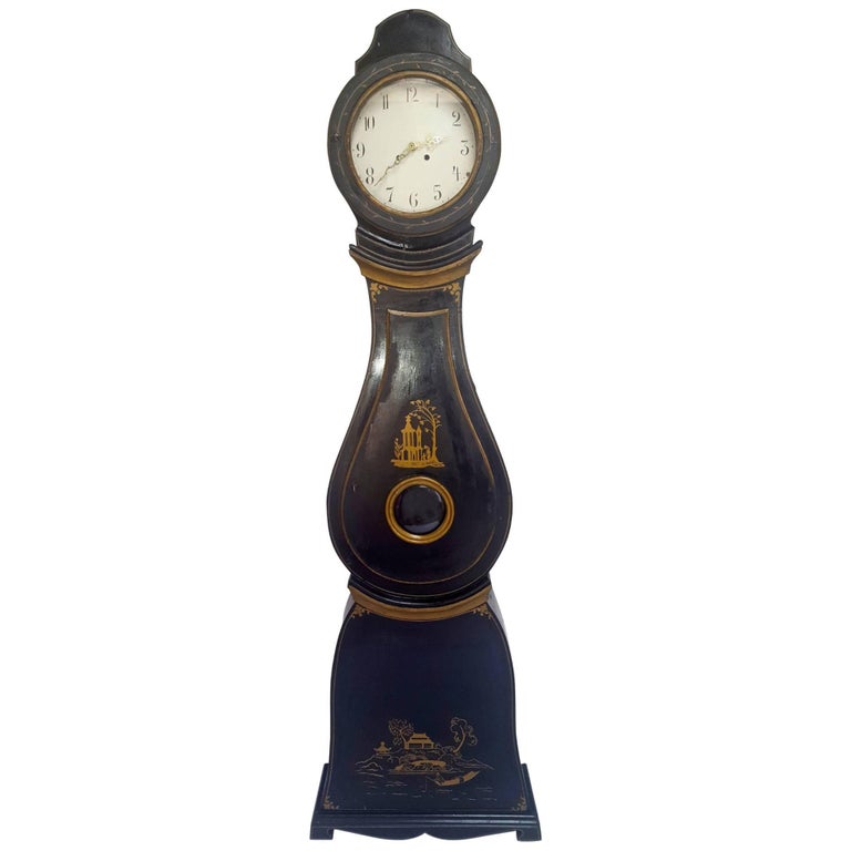 Antique Swedish Mora Clock Black Gold Early 1800s HandPainted For Sale