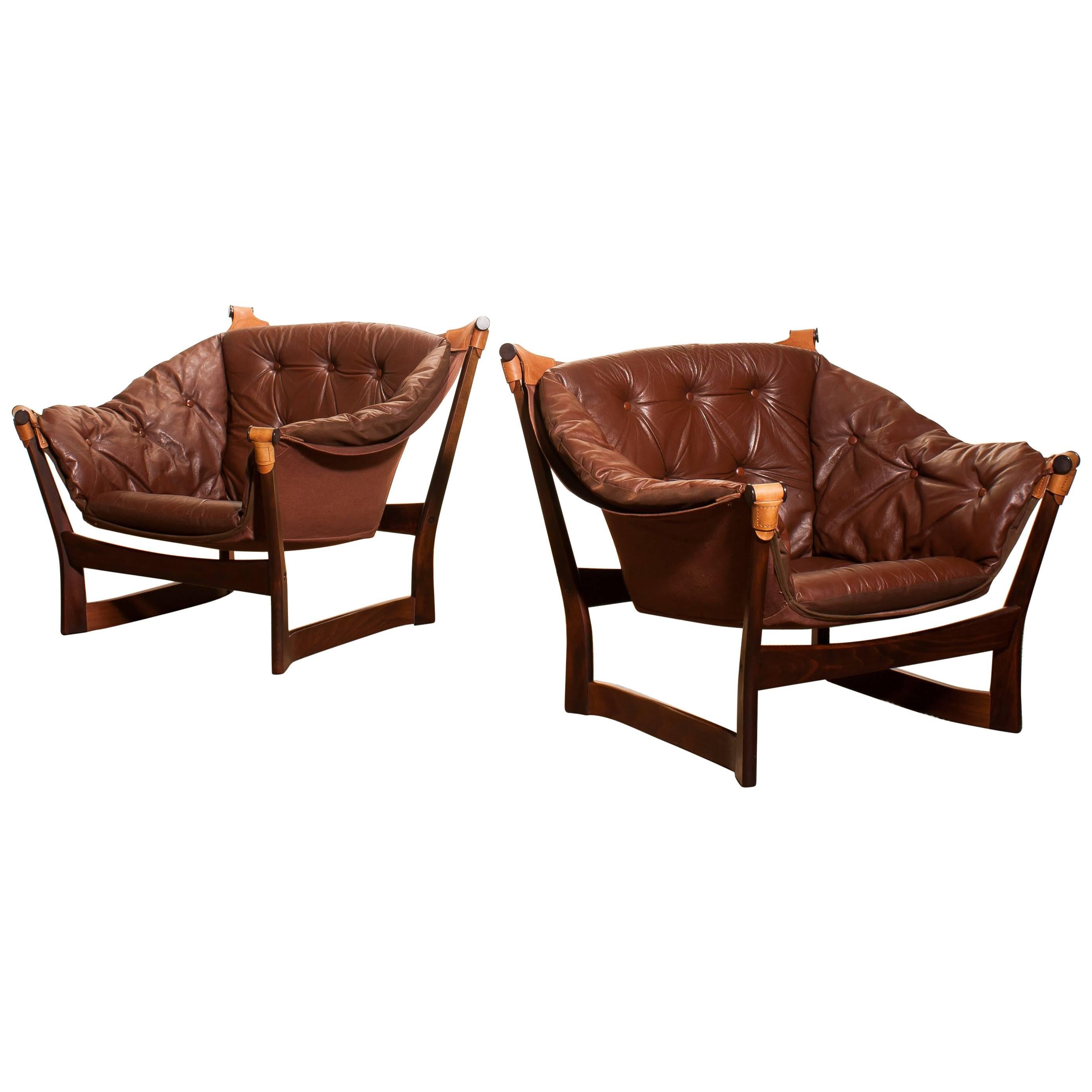 1950s, Teak and Leather Pair 'Trega' Chairs by Tormod Alnaes for Sørliemøbler