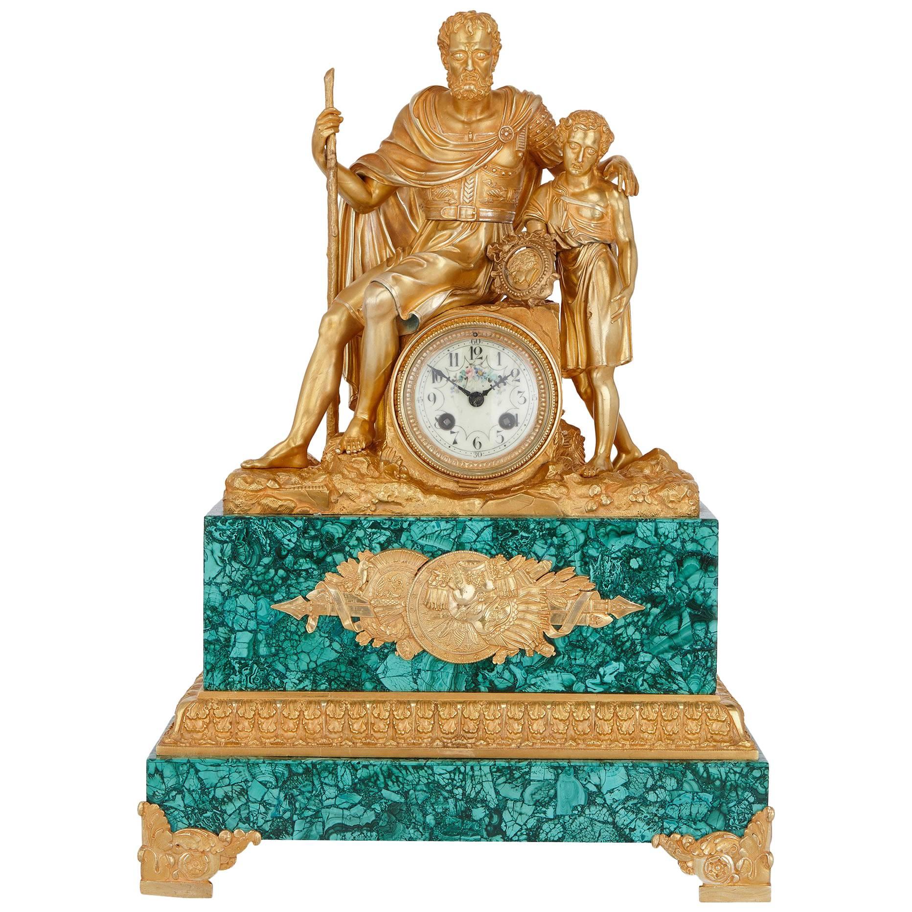 Louis XVI Style Gilt Bronze and Malachite Mantel Clock