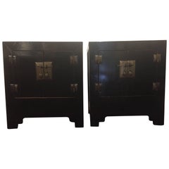 Stunning Pair of Asian Style Ebonized Nightstands or End Tables