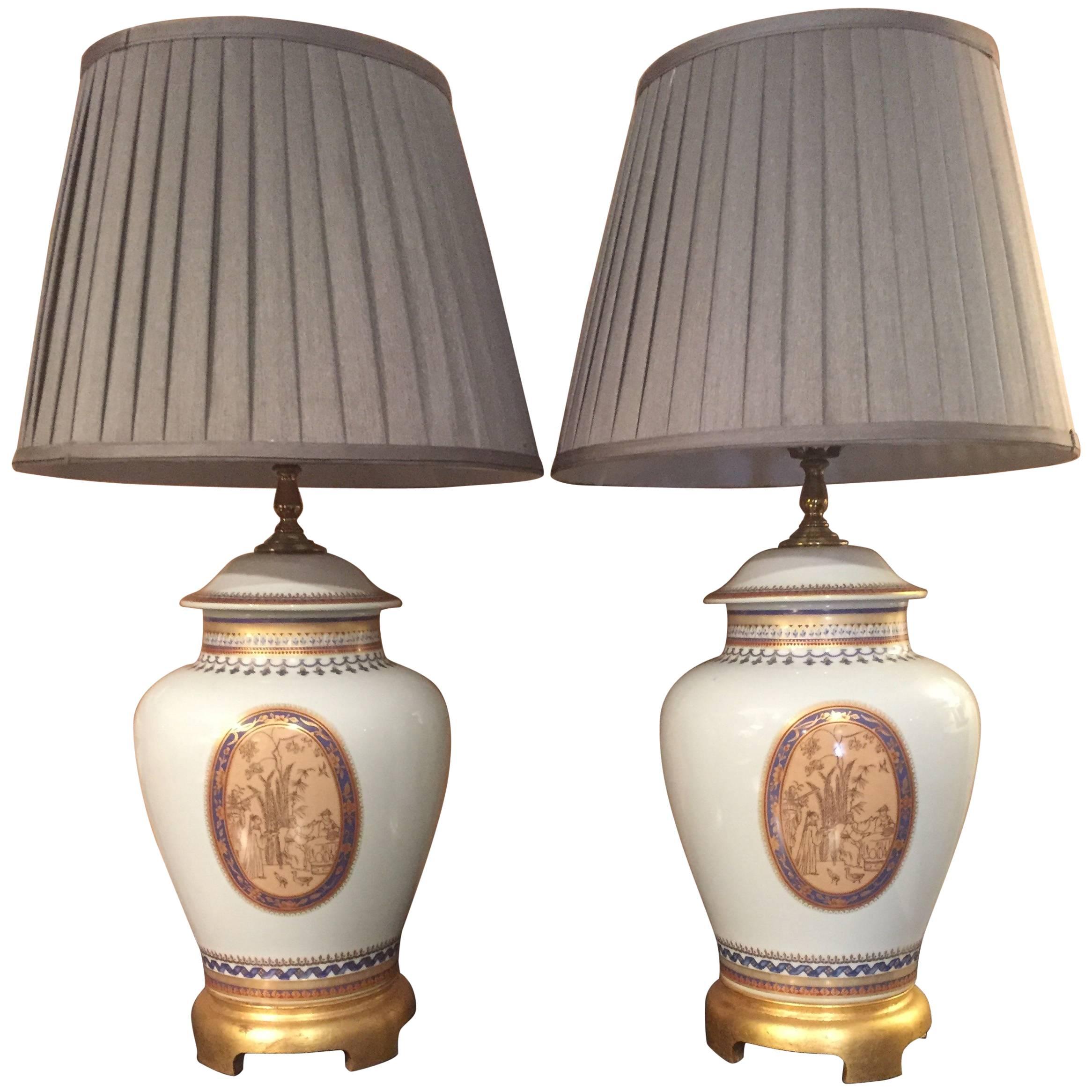 Beautiful Pair of Classic Mottahedeh Porcelain Lamps