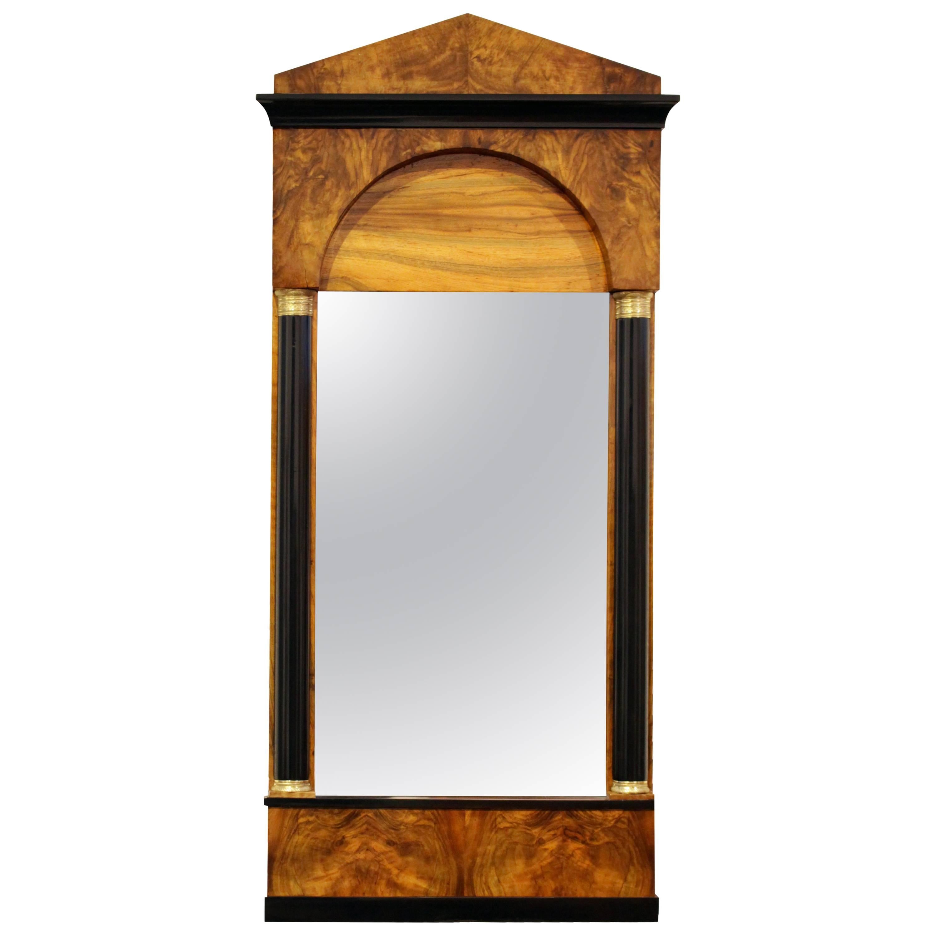 19th Century, Biedermeier Walnut Pillar Mirror