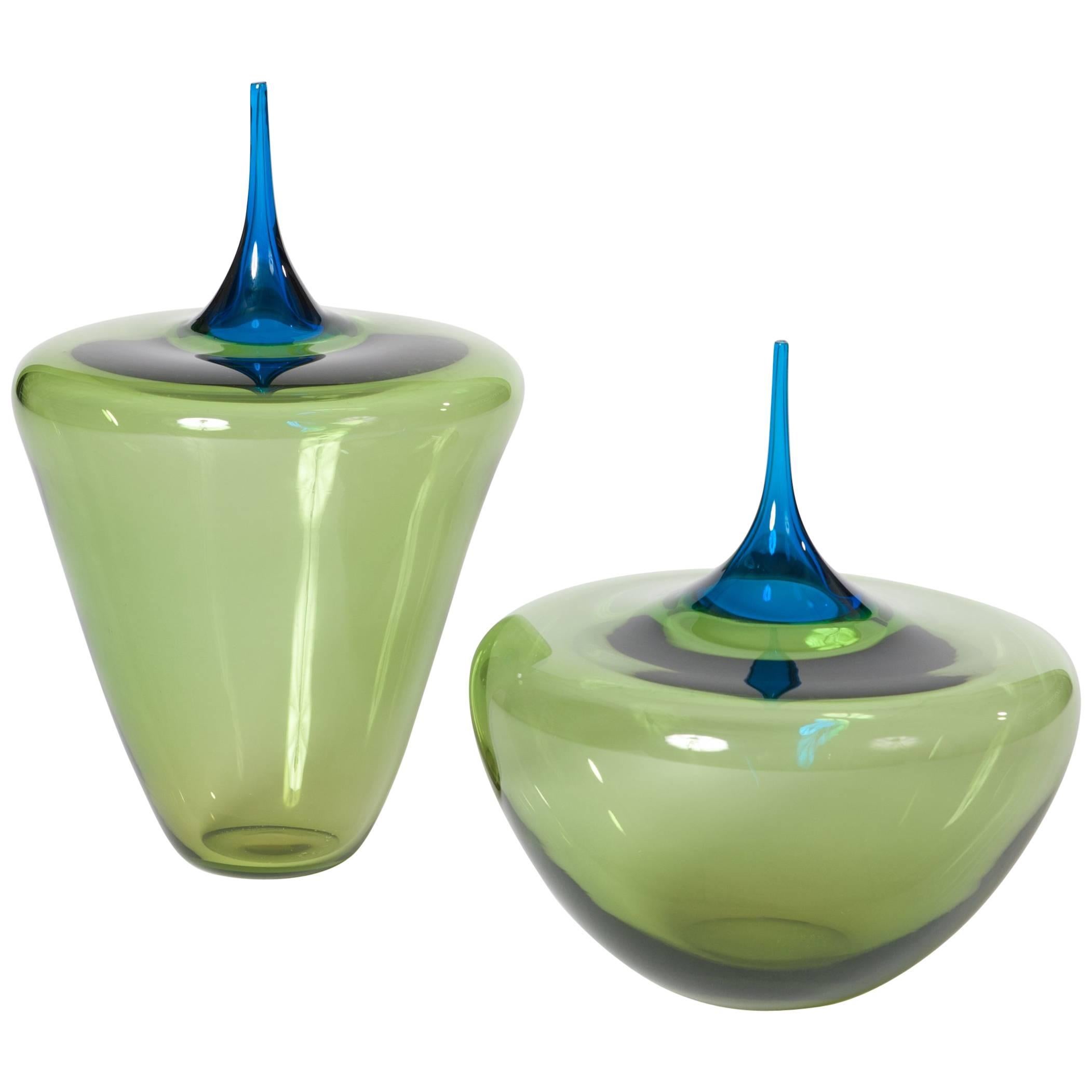 Modern Italian Pair of Grazile Green/Blue Murano Glass Vases Signed by P. Crepax