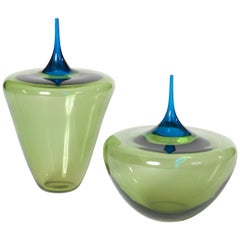 Paire de vases modernes italiens en verre de Murano vert Grazile/bleu signés par P. Crepax