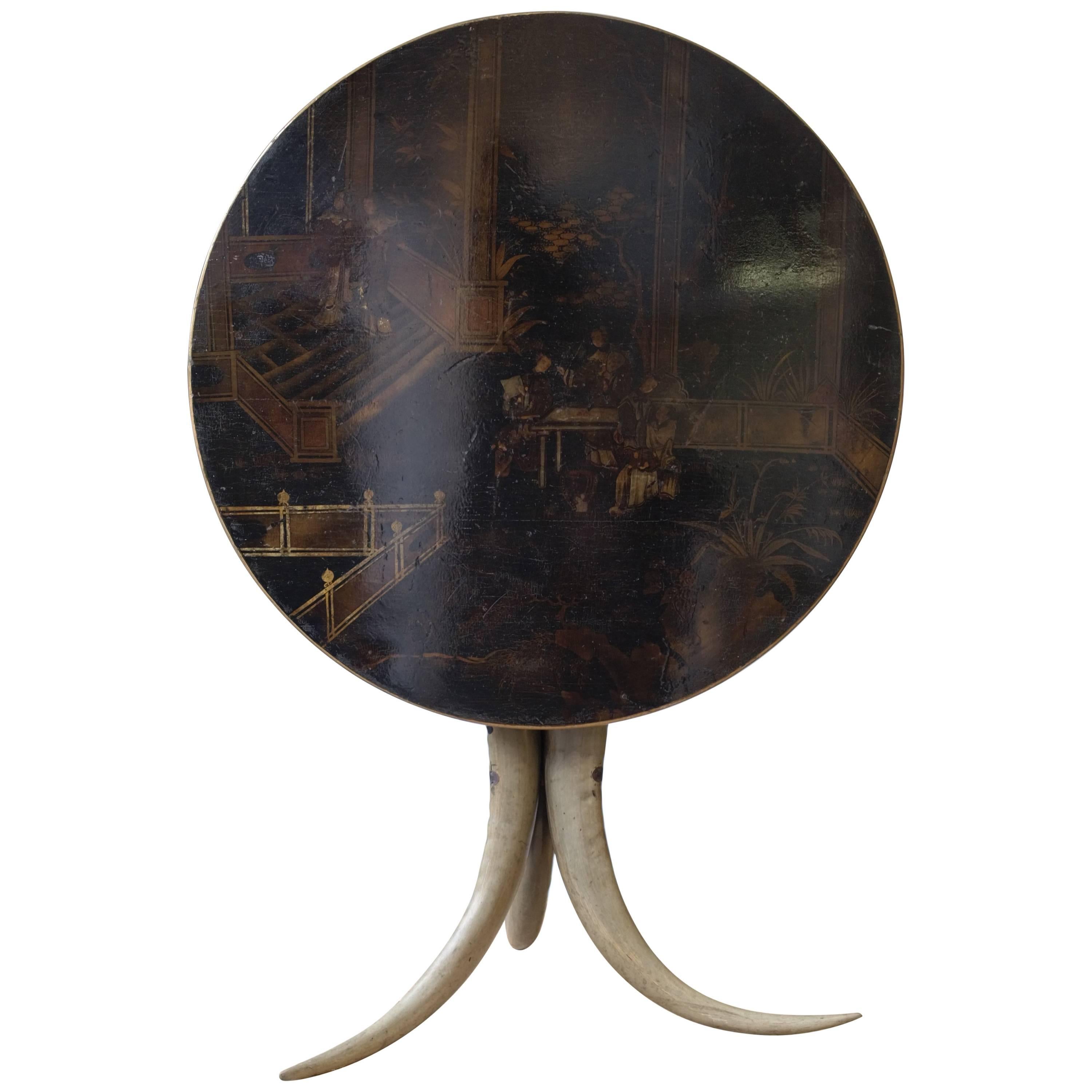 Napoleon III Tripod Table, Chinese Lacquered Decor Tilting Tray and Horn Feet