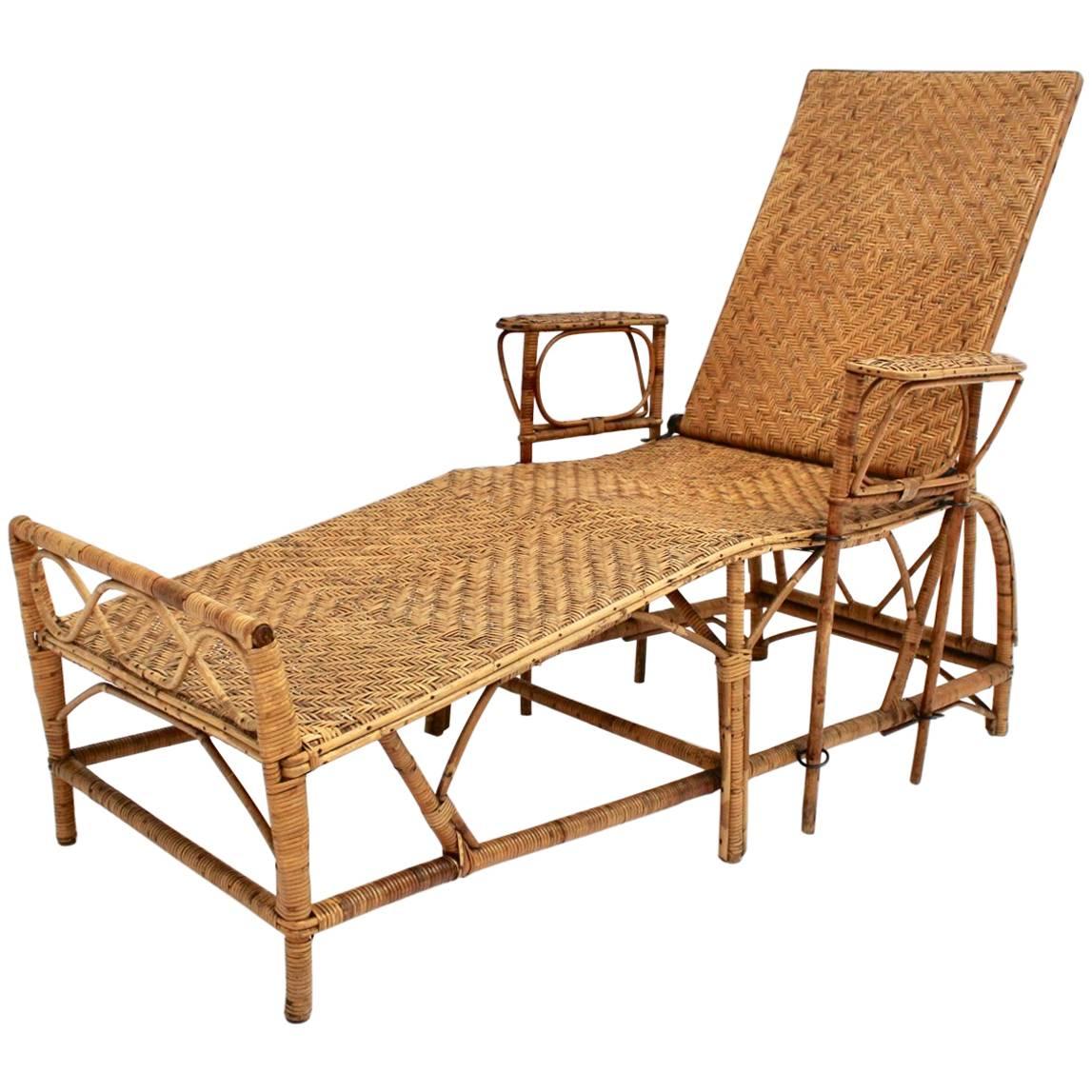 Rattan Art Deco Vintage Chaise Longue by Perret & Vibert Attributed France 1920s