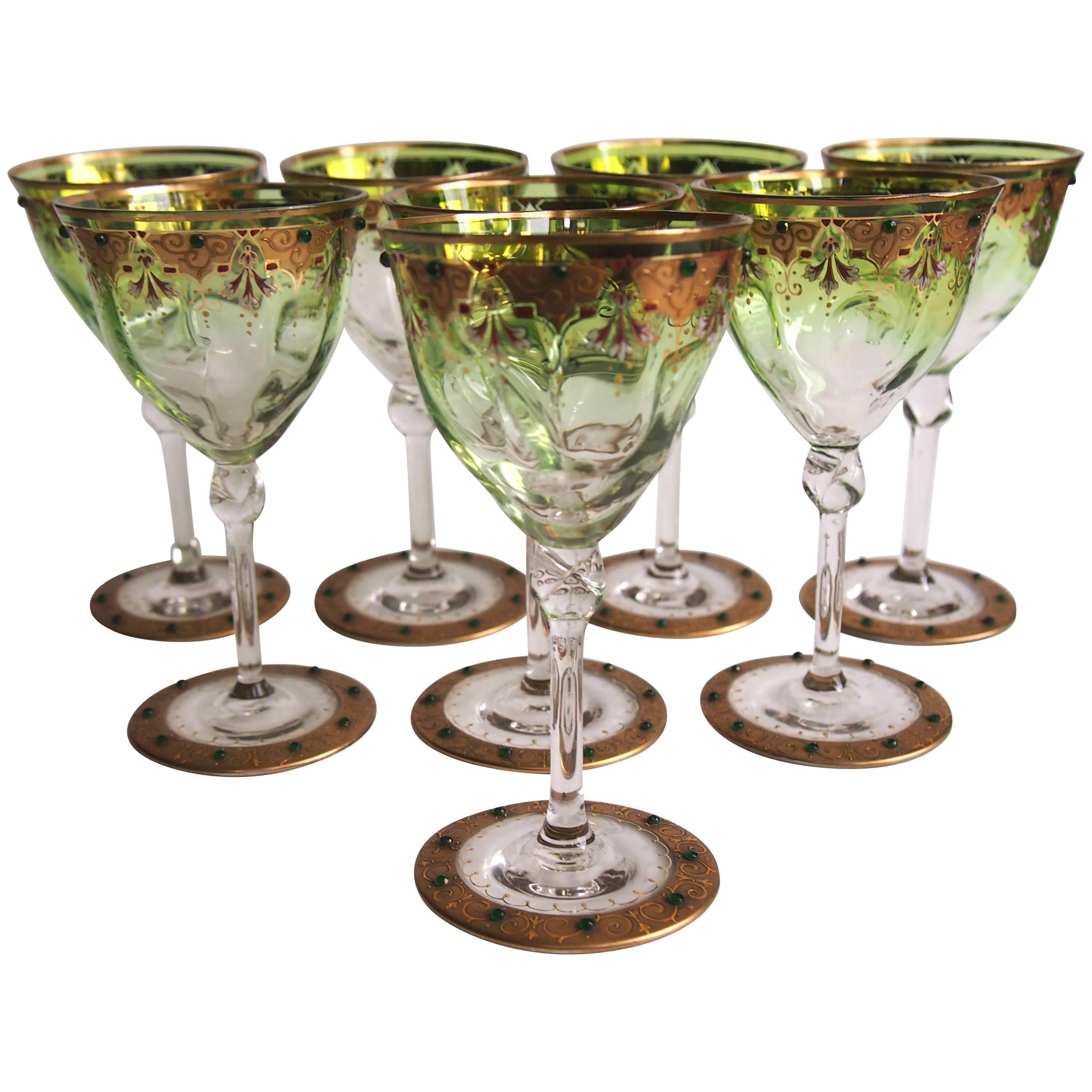 Moser Set of Eight Art Nouveau Green to Clear Enamel and Gilded Wine Glasses