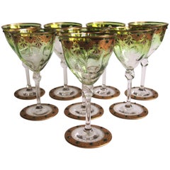 Antique Moser Set of Eight Art Nouveau Green to Clear Enamel and Gilded Wine Glasses