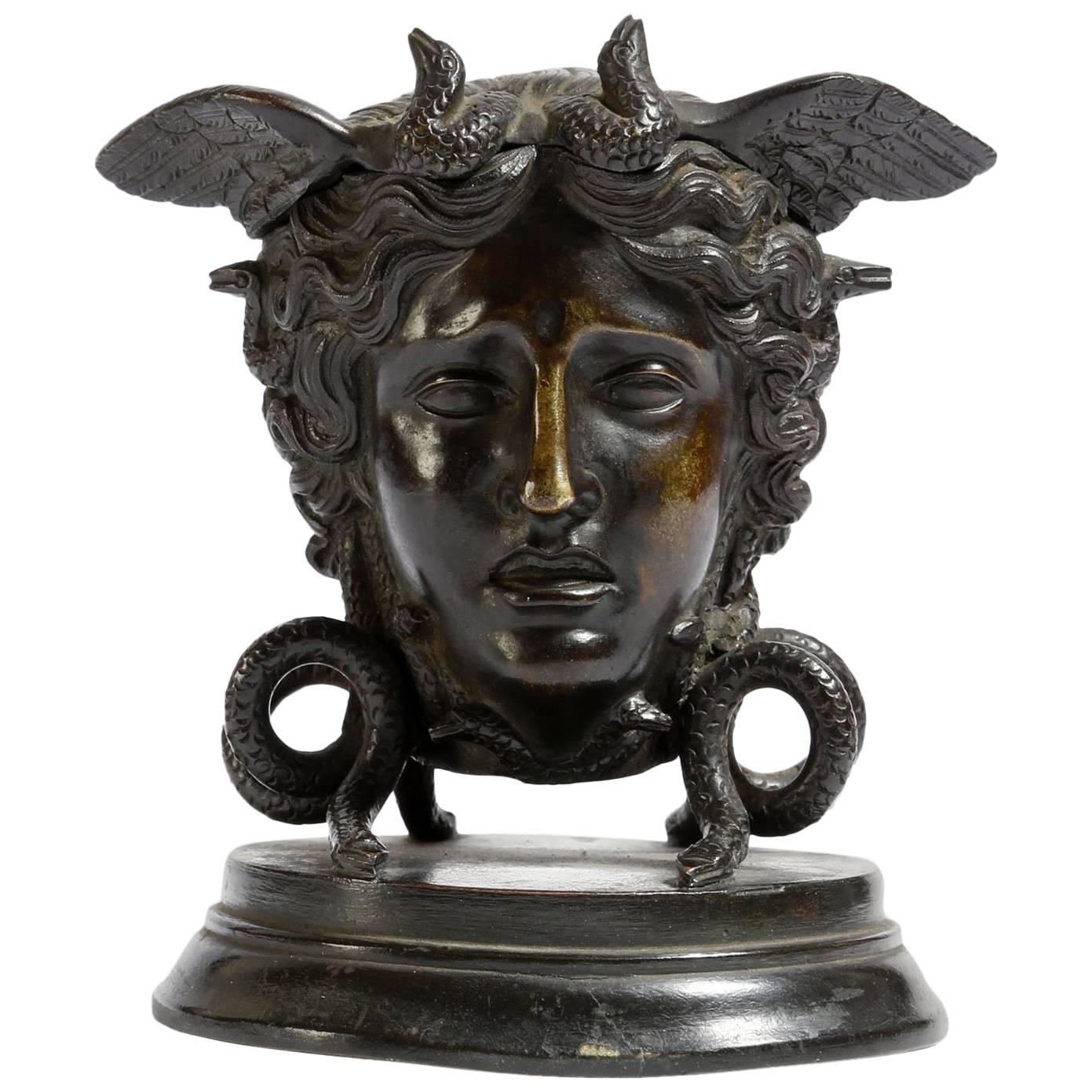 19th Century Neoclassical Bronze Inkwell Head of Medusa