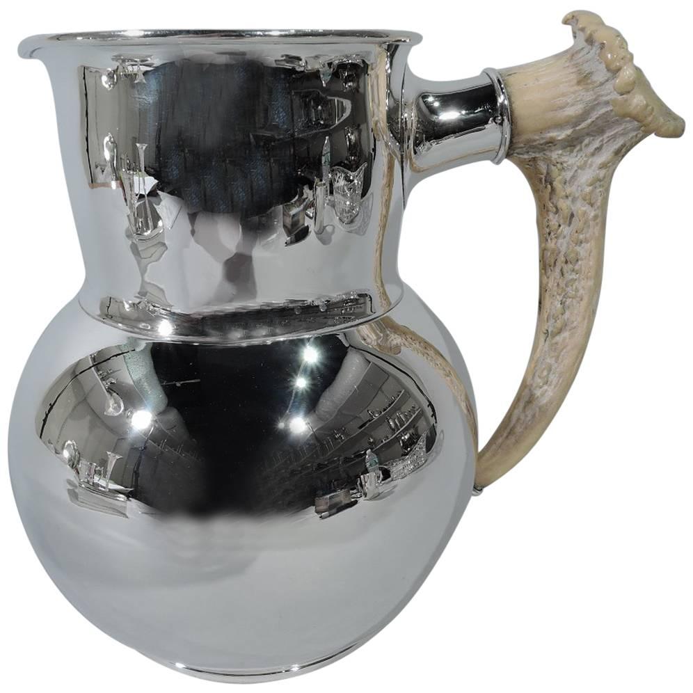 Antique Shreve Sterling Silver Water Pitcher with Big Game Antler Handle