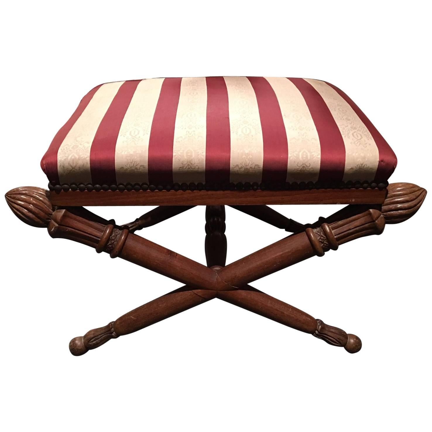 French Louis XVI Style Upholstered Stool with Torchiere Finials, 19th Century