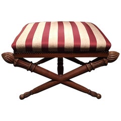 Antique French Louis XVI Style Upholstered Stool with Torchiere Finials, 19th Century