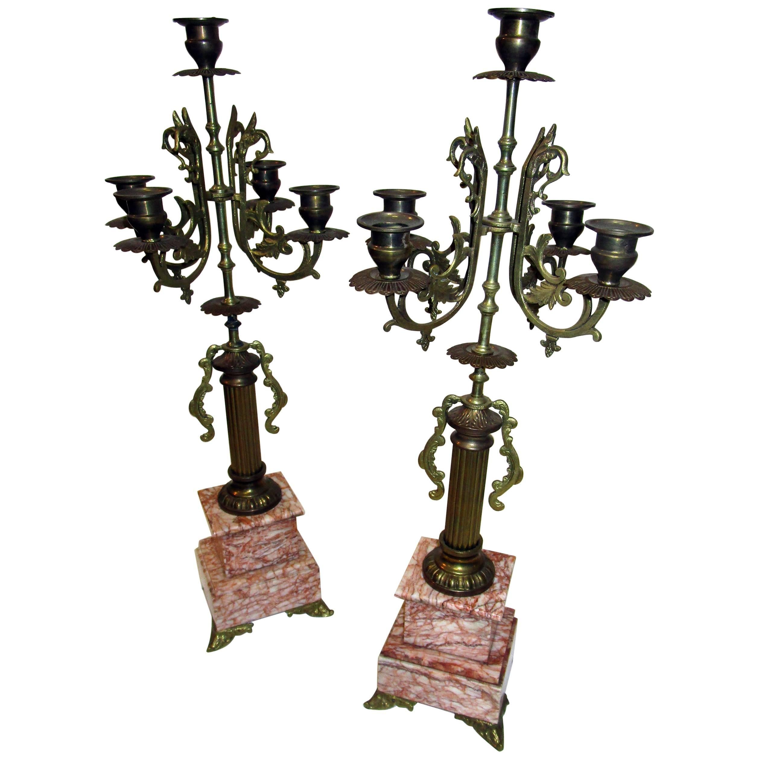 19th century, French Candelabrum Brass with Rouge Marble Bases
