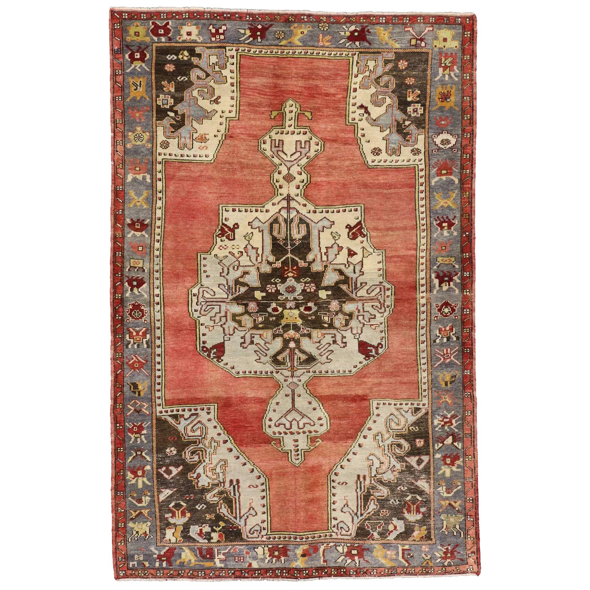 Vintage Oushak Rug with Mid-Century Modern Style For Sale