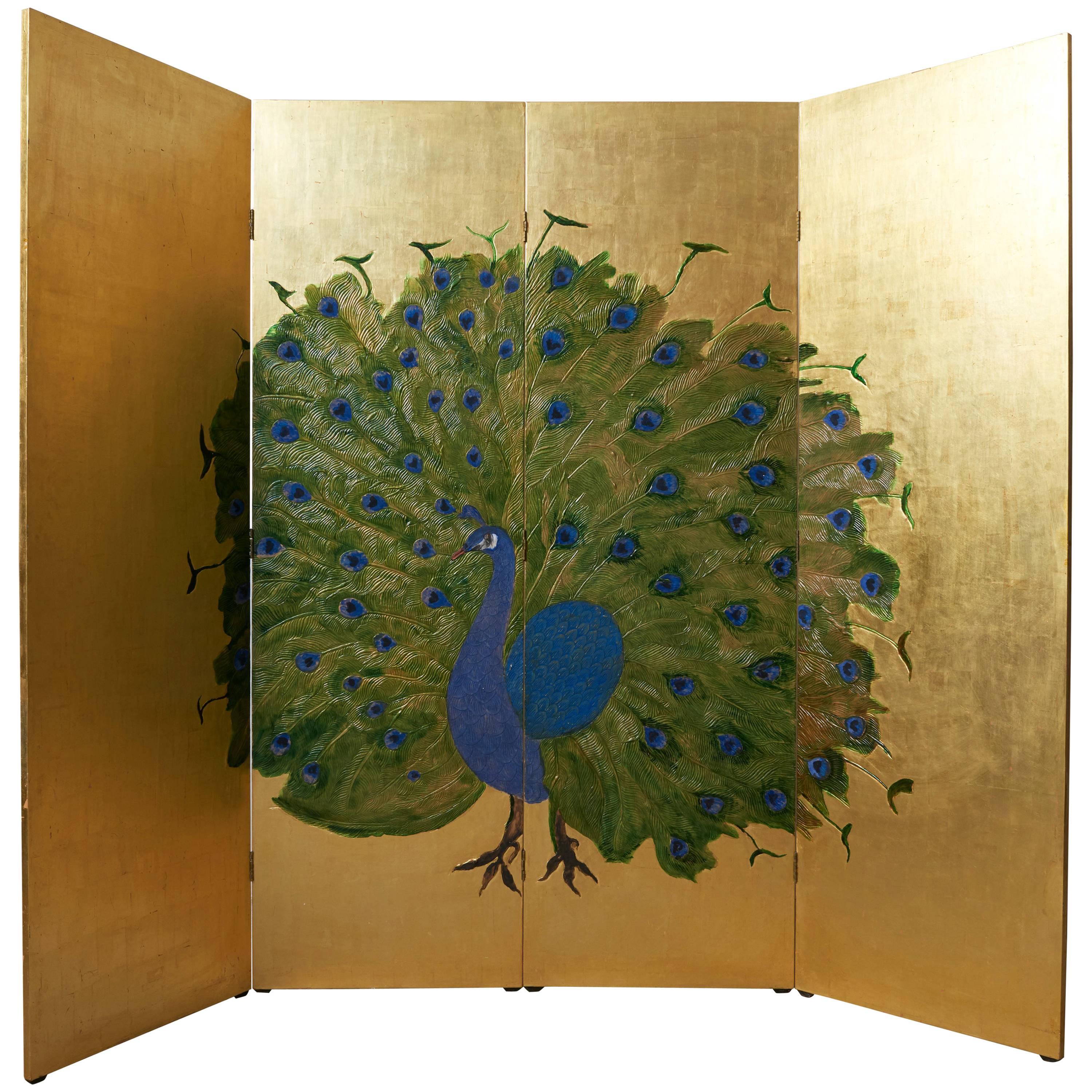 Japanese Folding Screen in Wood Decorated with a Peacock in Gold and Blue, 1980s