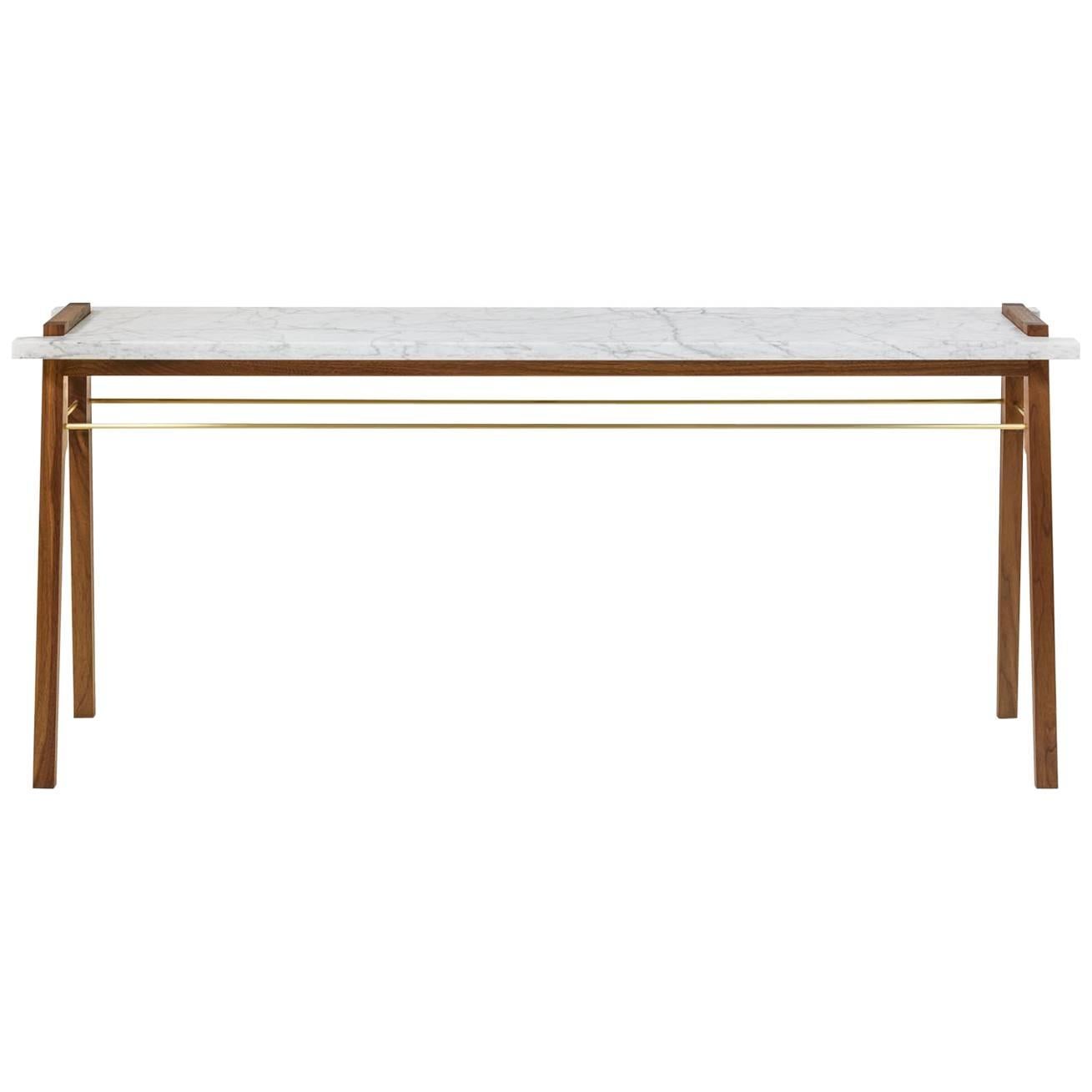 Riddick Console or Sofa Table with Marble Top on Walnut and Brass Base