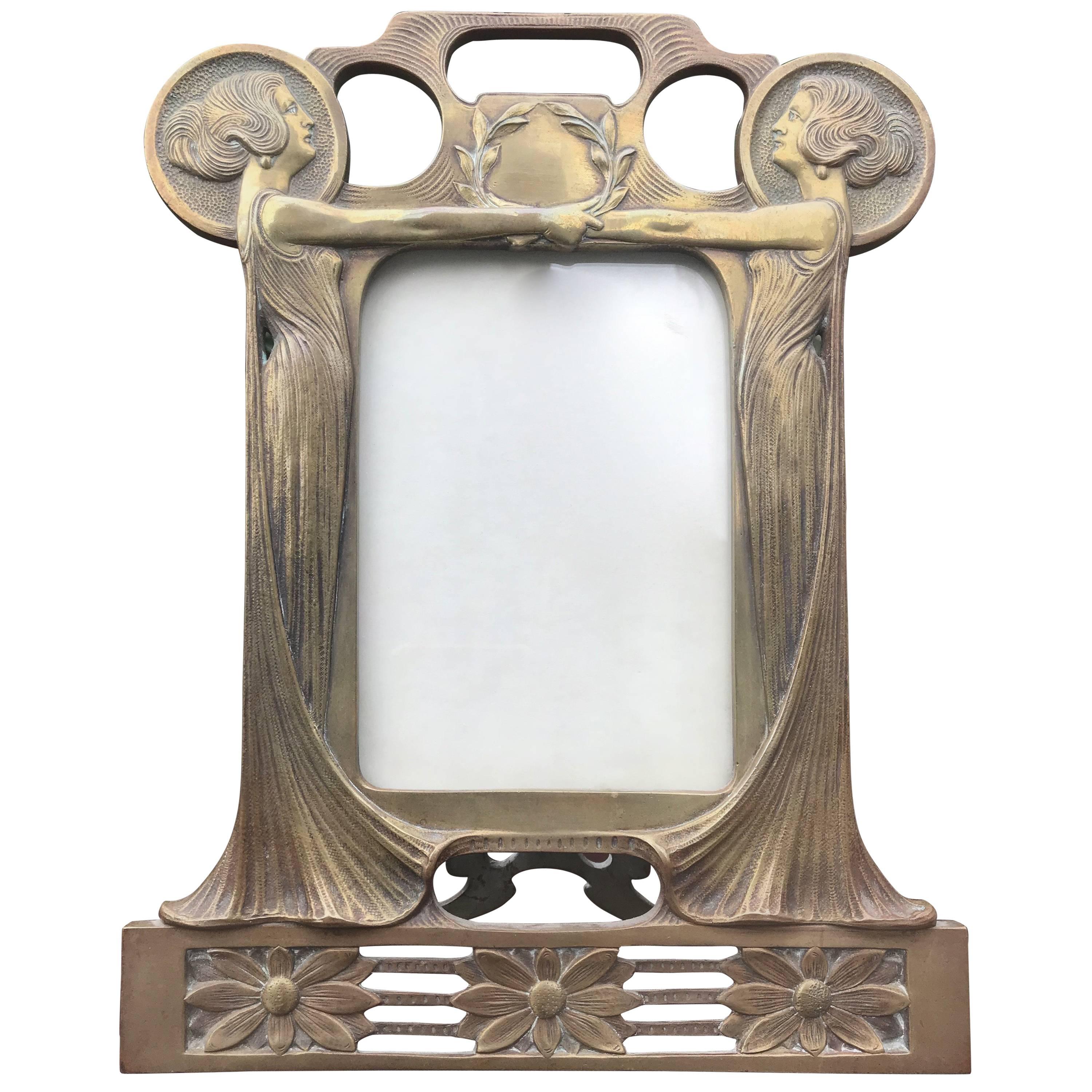 Rare Alfons Mucha Style Art Nouveau Bronze Table Picture Frame with Laurel Theme