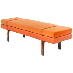 Lennox Bench with Walnut Legs, Orange Velvet and Leather Seat with Belt Detail