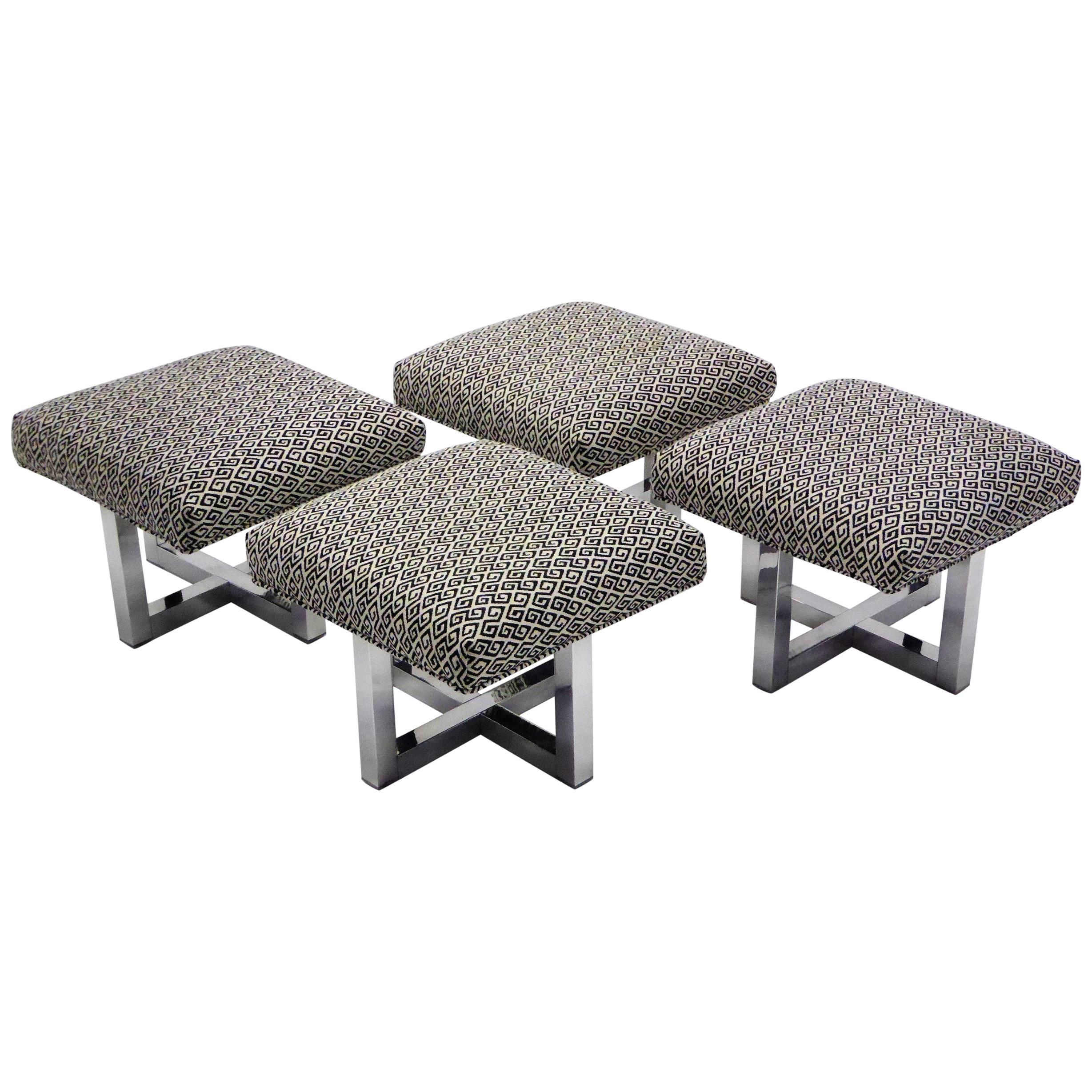 Milo Baughman Style Bench Stools Polished Aluminum Upholstered 2 pairs available