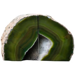 Pair of Organic Modern Agate Stone and Crystal Bookends in Moss Green