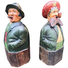 1930s Pair of Painted and Hand-Carved Wood Tiplers Sculpture Decanters / Bottles