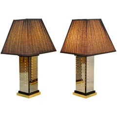 Mid-Century Modern Italian Brass Smoked Glass Liteline Table Lamps, 1970s