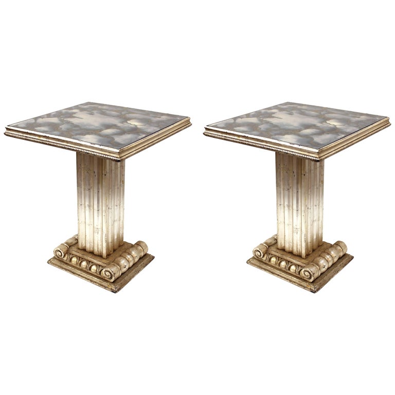 French Art Deco Silver Leaf Pedestal End Tables with Gold Veined Mirror