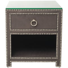 Hollywood Regency Upholstered Nightstand with Nickel Studs