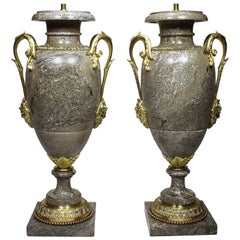 Pair of French, 19th Century Neoclassical Style Gilt Bronze and Marble Urn Lamps