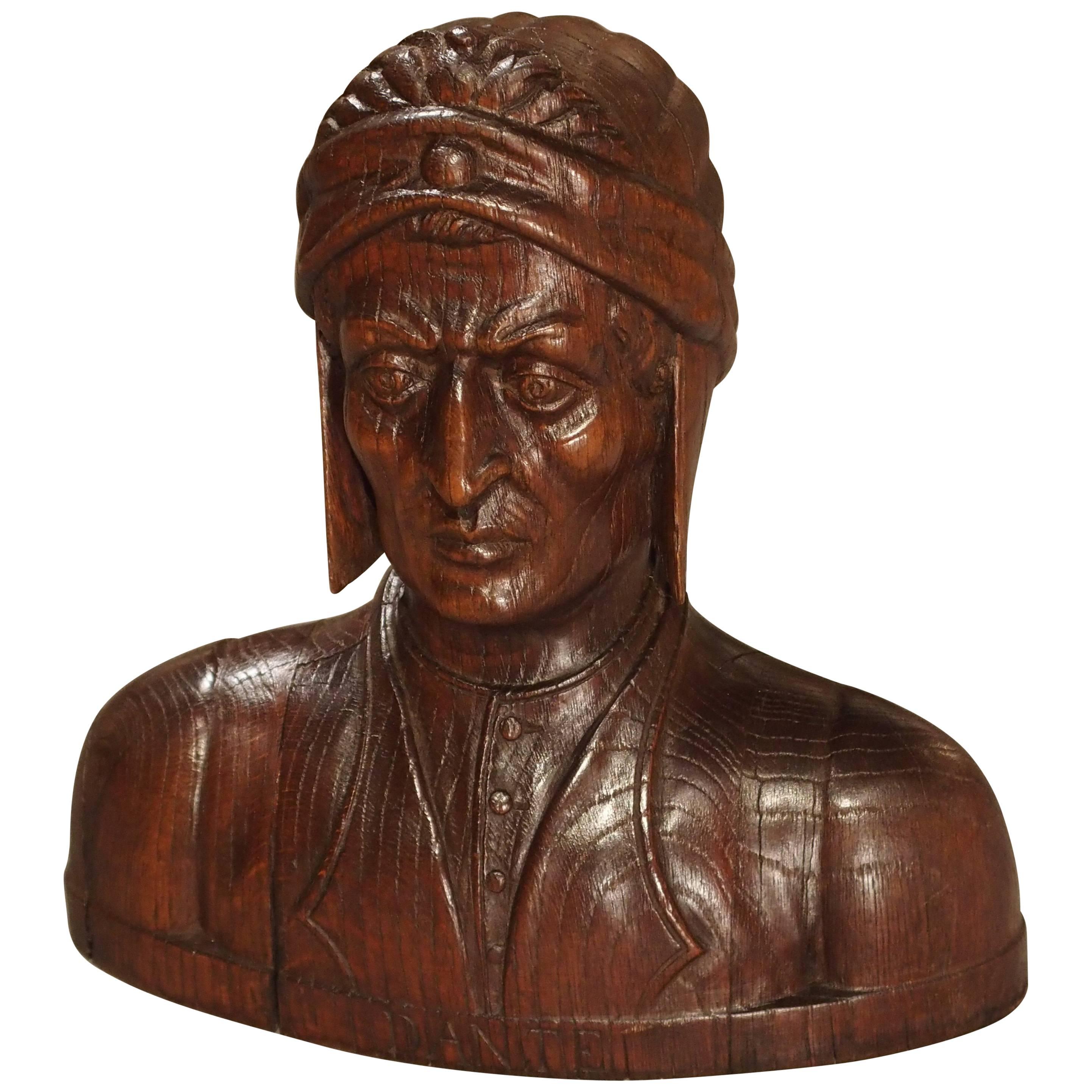 Antique French Carved Oak Bust of Dante, 19th Century