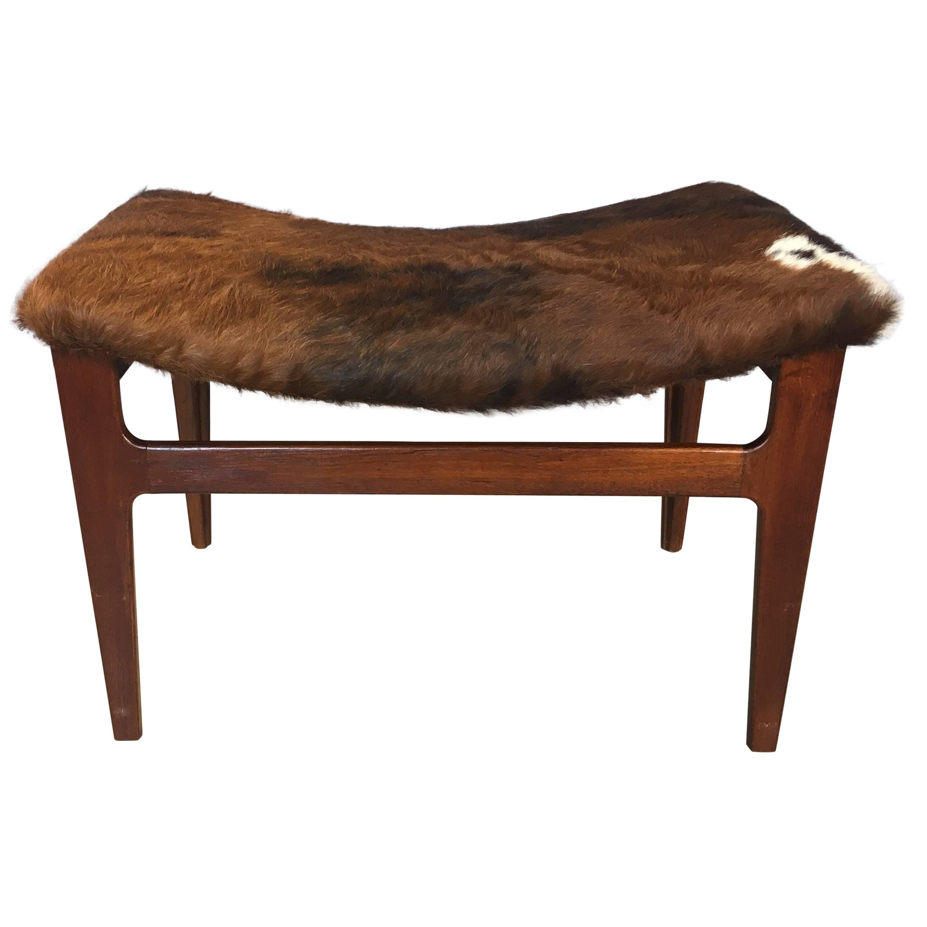 Walnut Wood and Cowhide Seat Footstool, 1960s For Sale