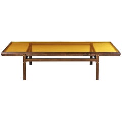 Pintor Coffee Table, Walnut Frame with Brass Inlay, Yellow Glass Top