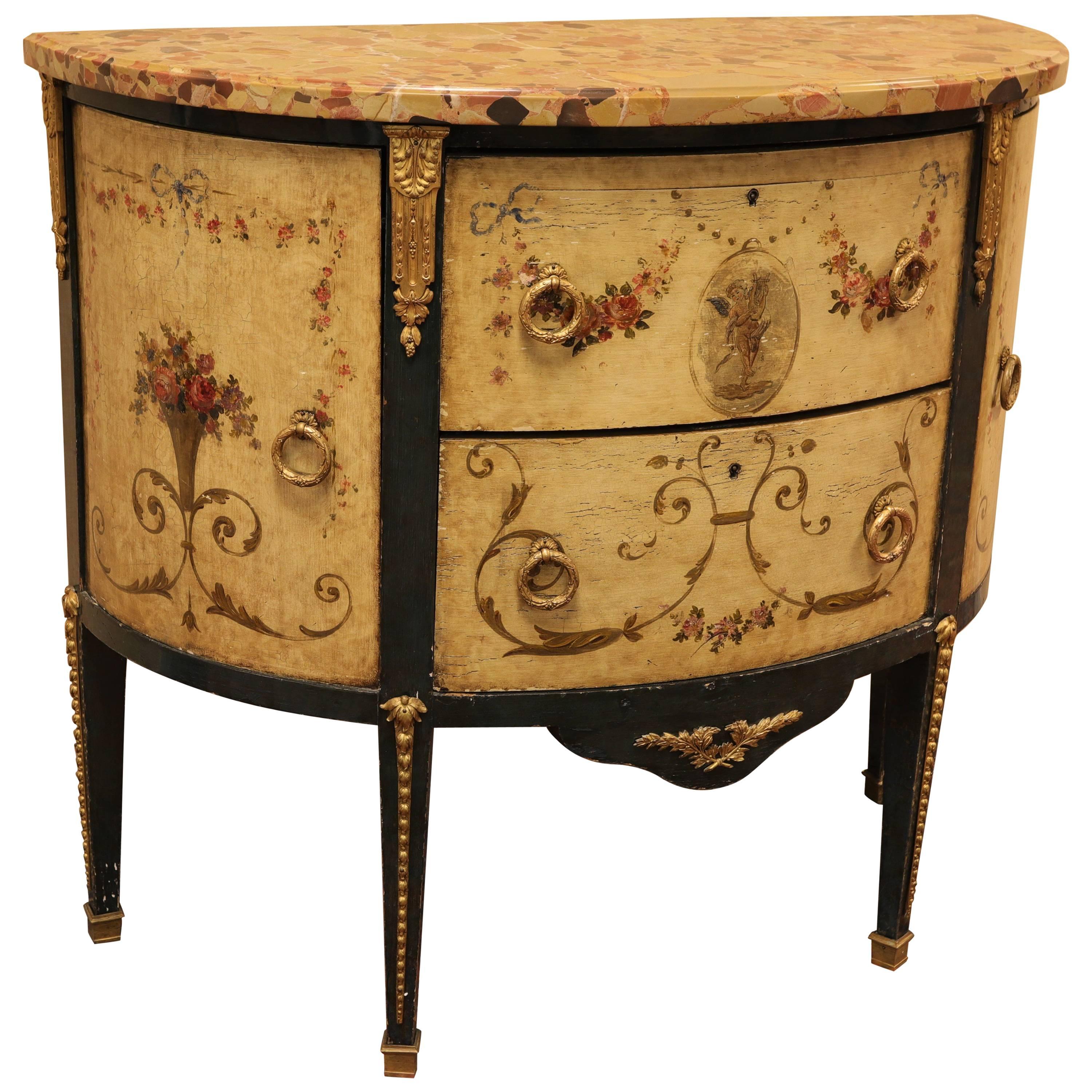 French Louis XVI Style Hand-Painted Marble Top Commode