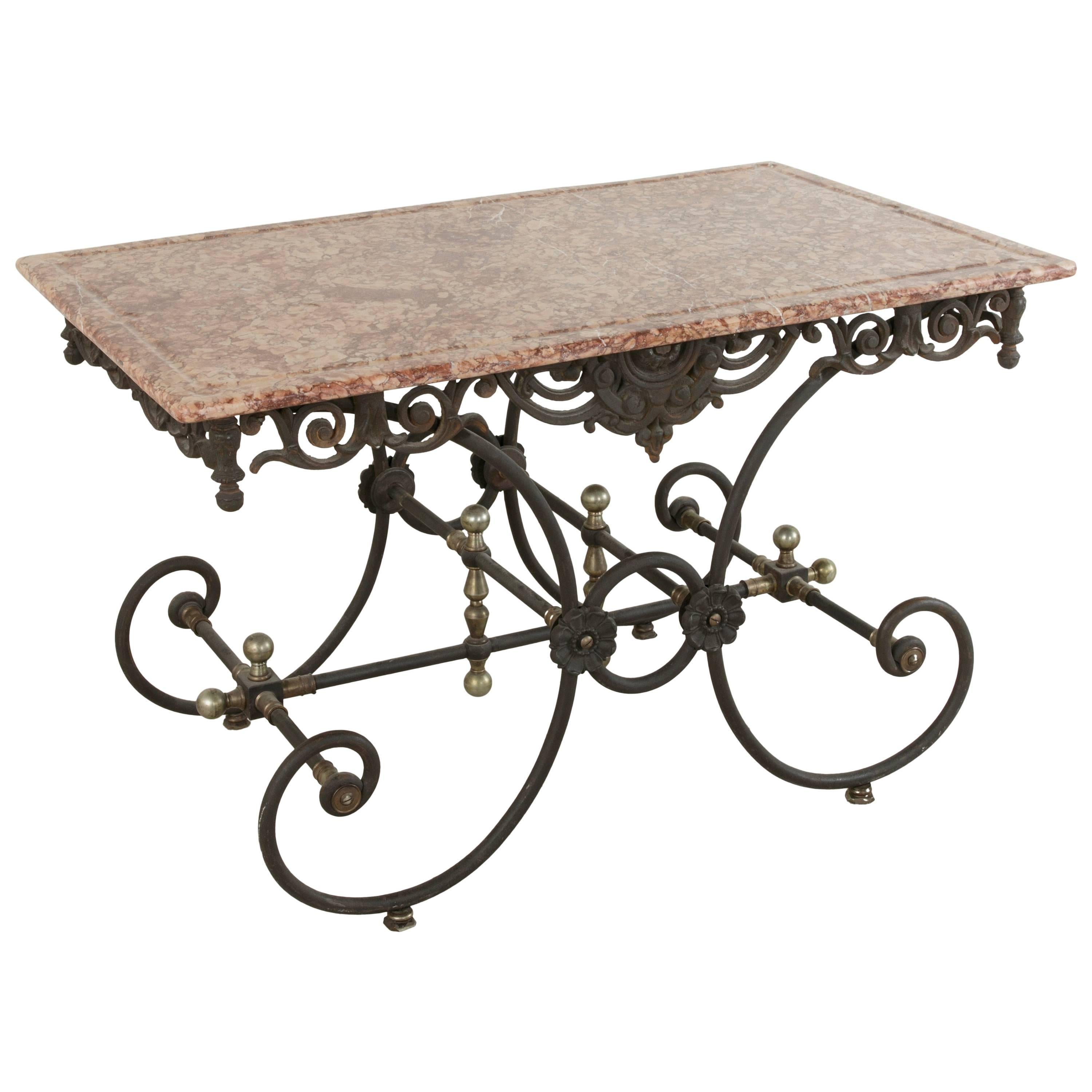 20th Century French Iron Pastry Table with Marble Top and Brass Detailing