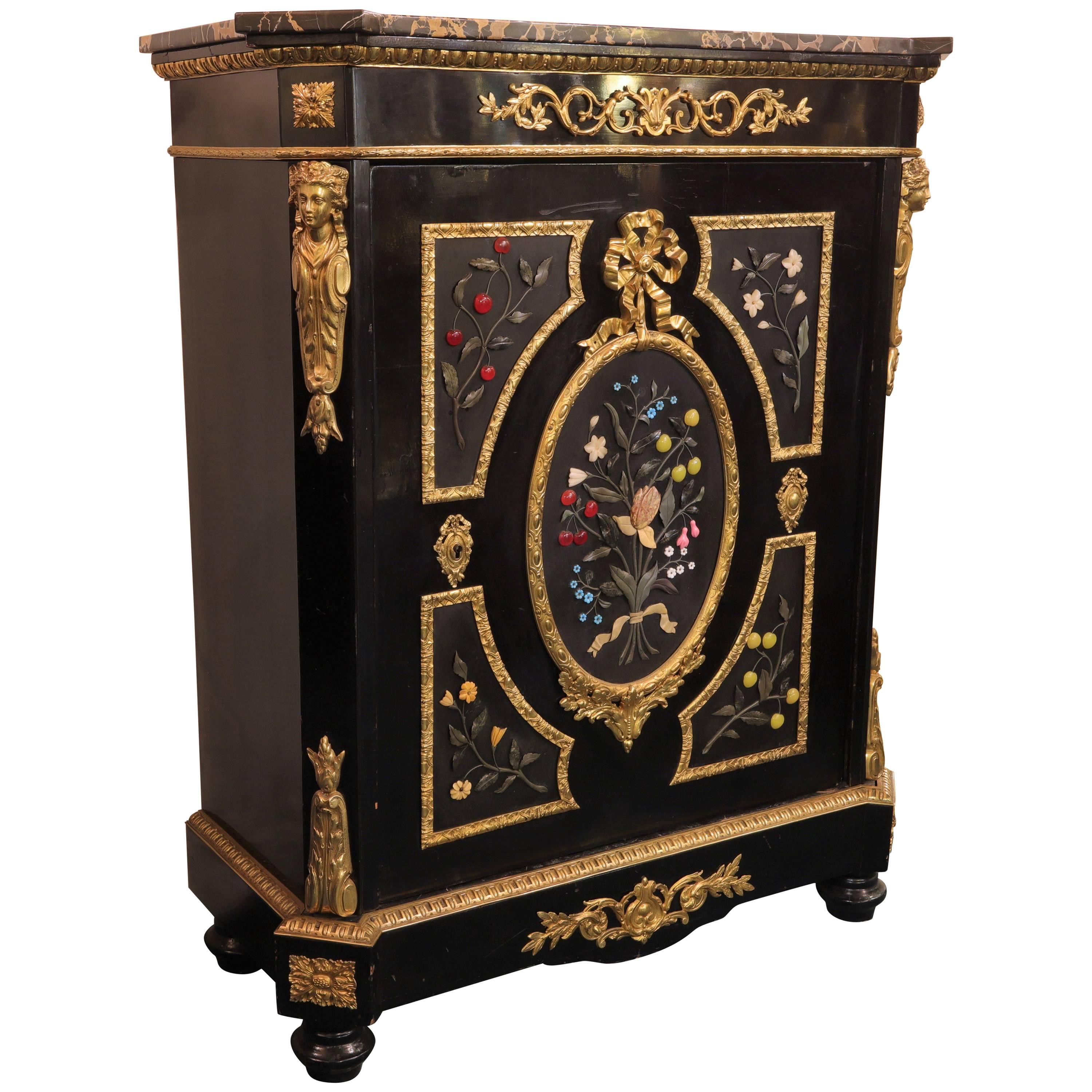 French Bronze-Mounted Ebonized and Pietra Dura Marble-Top Cabinet