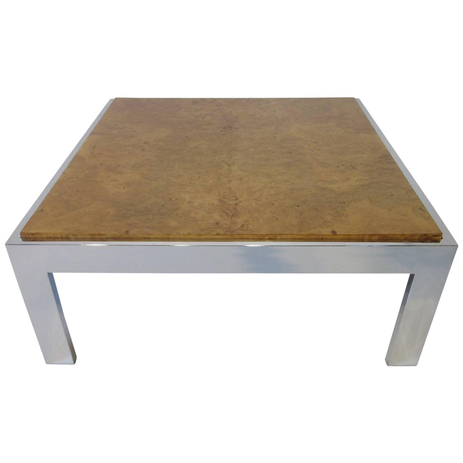 Milo Baughman Style Olive Burl and Chrome Coffee Table