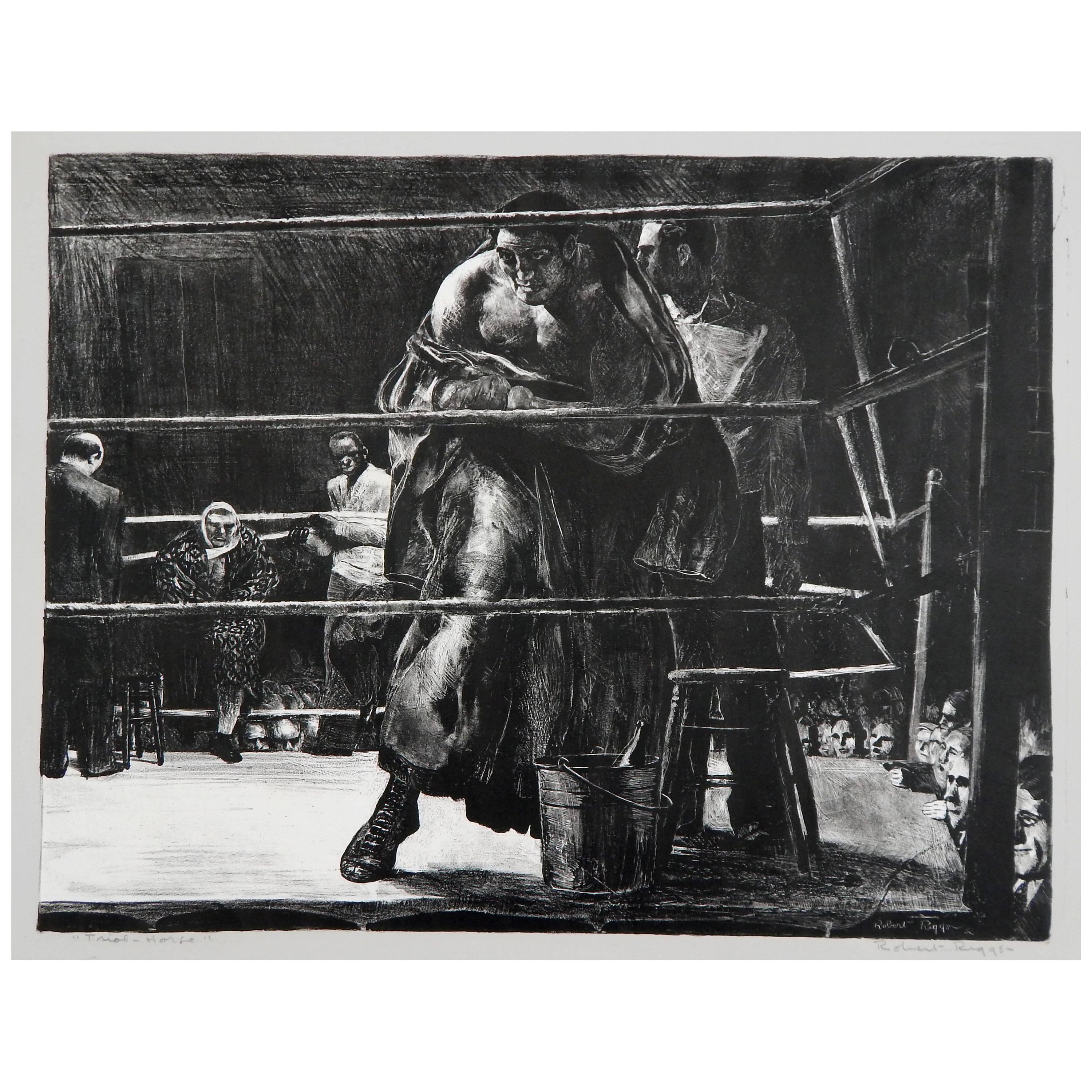 Robert Riggs Original Stone Lithograph, 1932, Boxing Scene