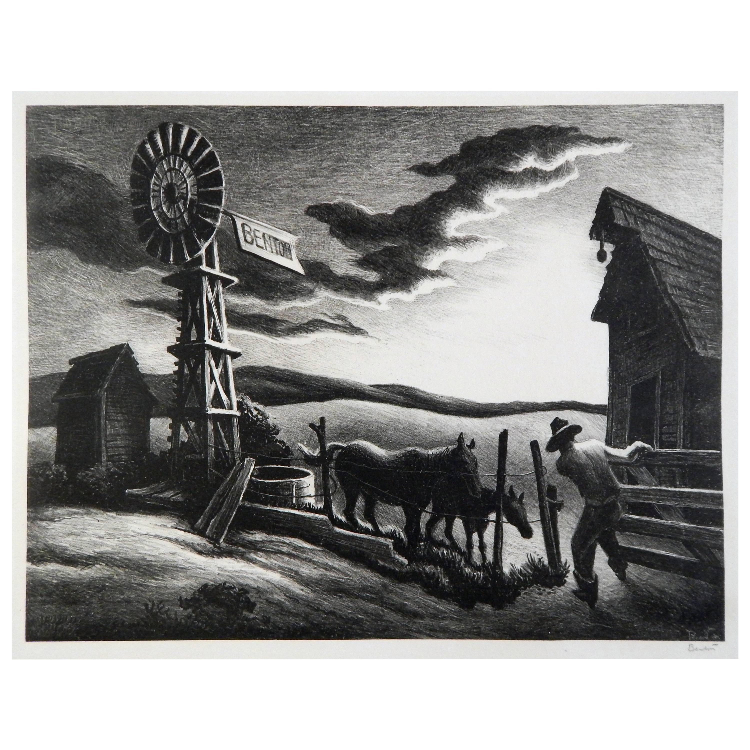 Thomas Hart Benton Original Stone Lithograph, 1941 - Nebraska 'Arkansas' Evening