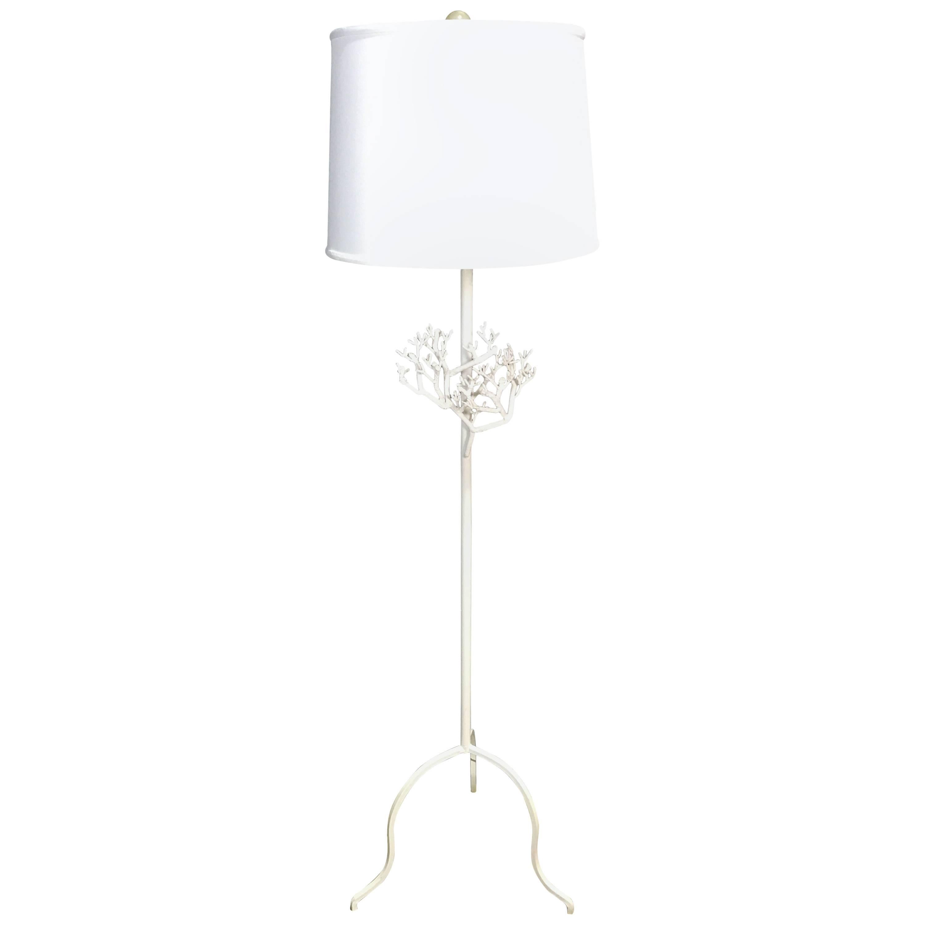 Midcentury Coral Motif Wrought Iron Floor Lamp in White