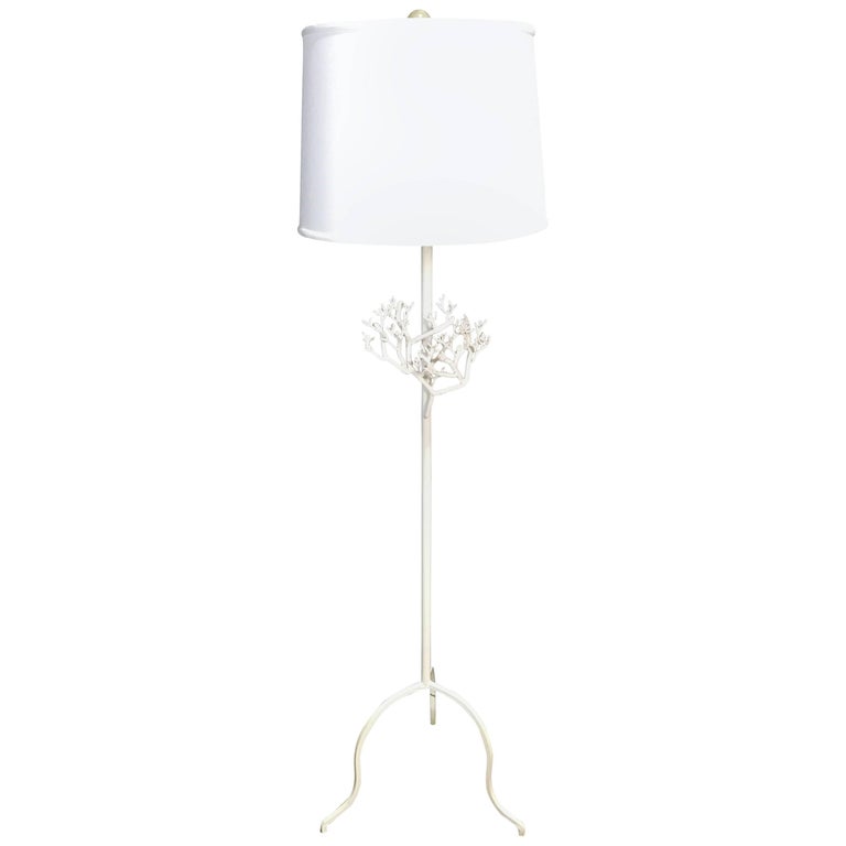 Midcentury Coral Motif Wrought Iron Floor Lamp In White For Sale