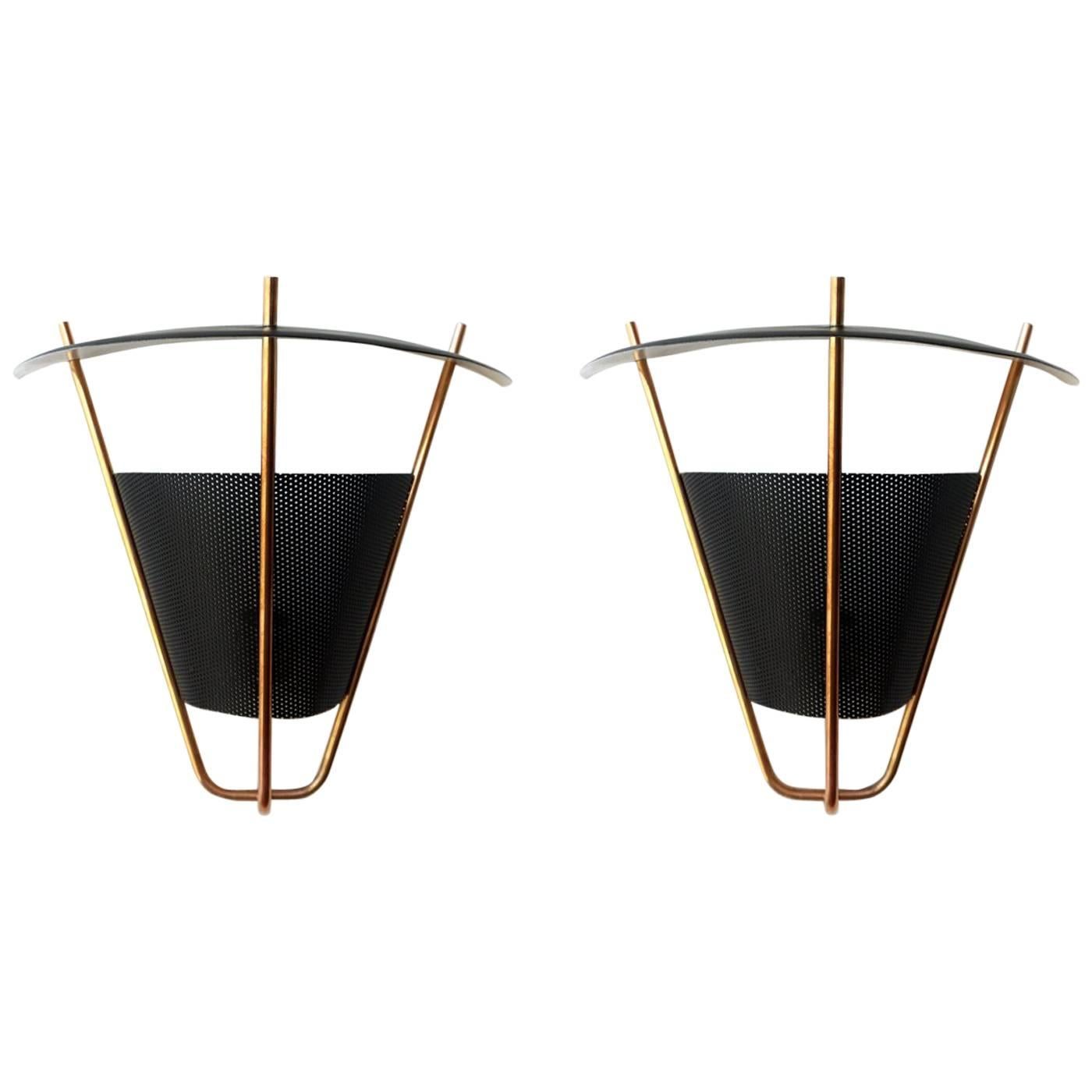 1950s Perforated Metal and Brass Wall Sconces by Lightolier