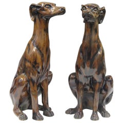 Antique French Dog Statues Pair Painted Plaster, Early 20th Century