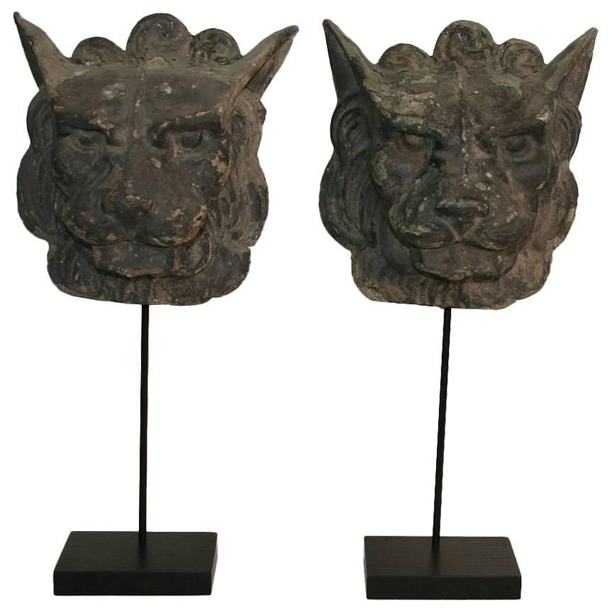 Couple of 19th Century, French Zinc Lion Head Fragments