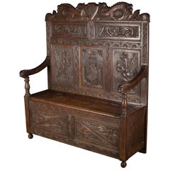 19th Century Carved Oak Monks Bench Pew Settle