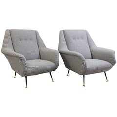 Pair of Italian Armchairs Upholstered in Wool Houndstooth