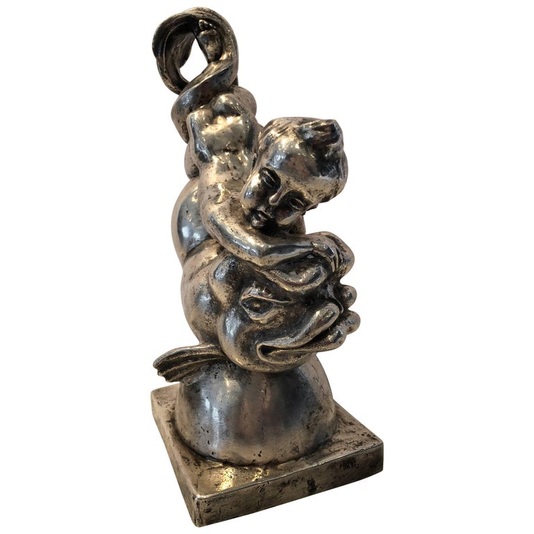 Whimsical Silver Plate Cherub Sculpture For Sale at 1stDibs
