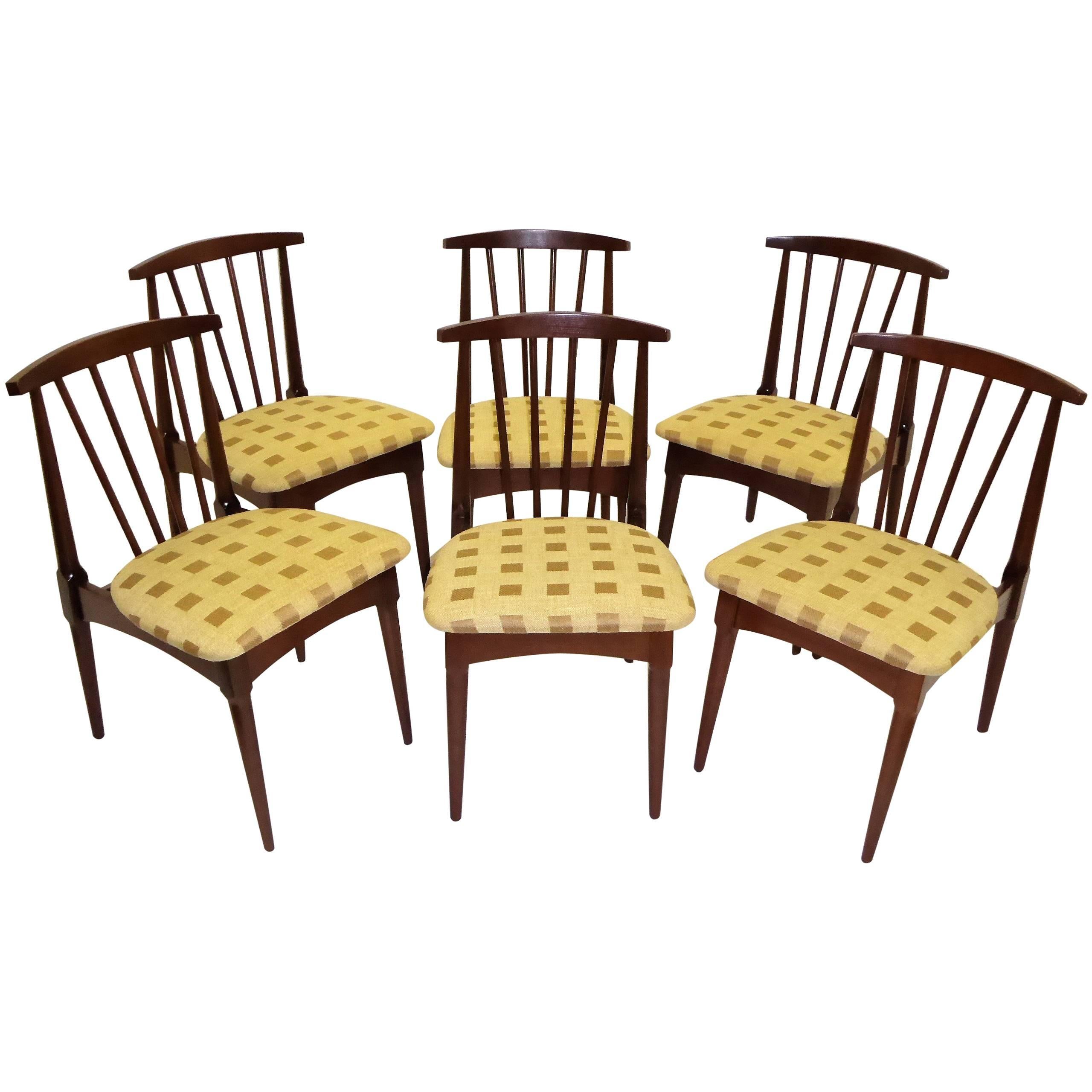 Six 1950s Danish Modern Style Walnut Spindle Back Dining Chairs