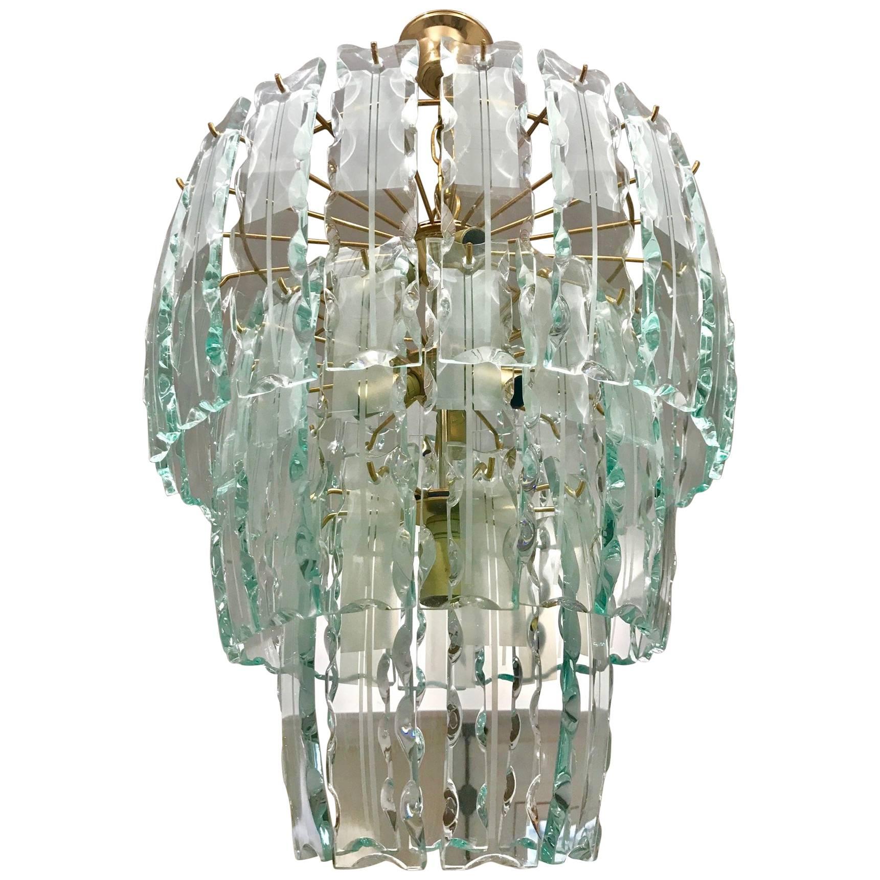 Fontana Arte mid-century chandelier Murano Crystal Gilt Frame, 1970 For Sale